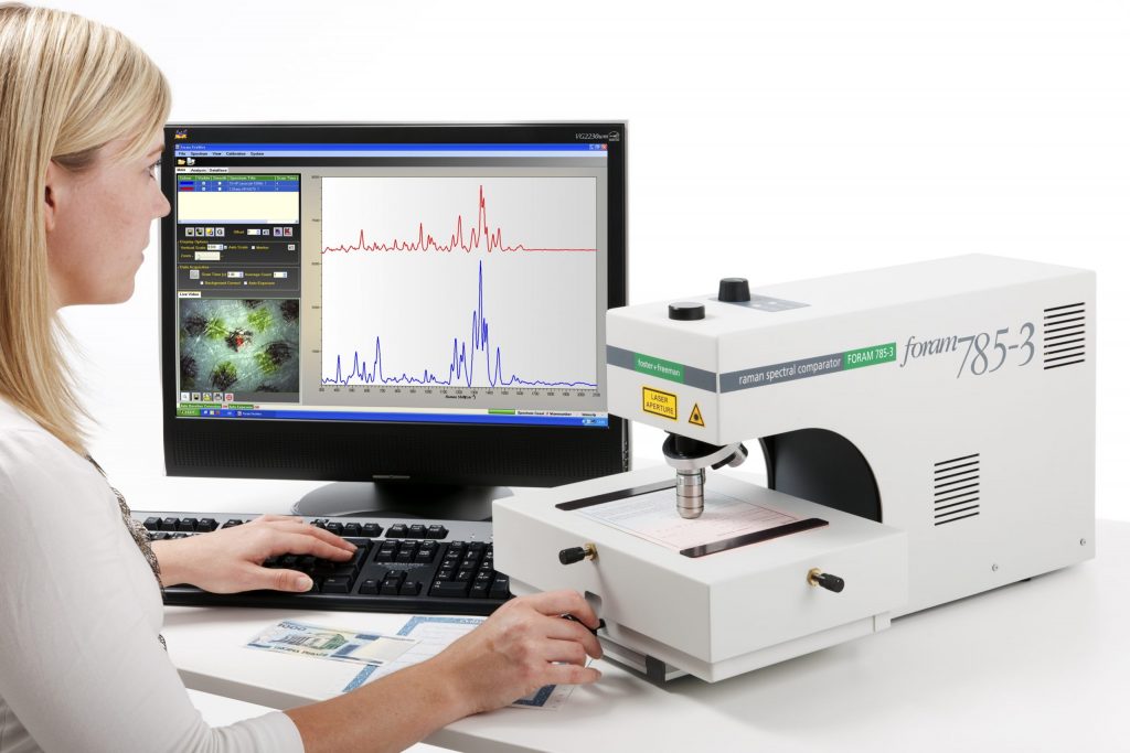 Raman spectrometers for the examination of ink, toners and other materials attached to documents