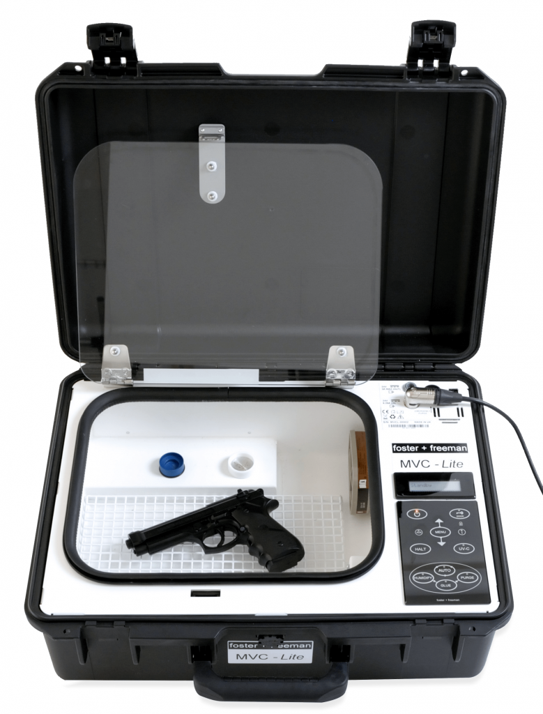 The MVC Lite is a fully portable fingerprint chamber for the safe and controlled development of latent fingerprints at the crime scene.